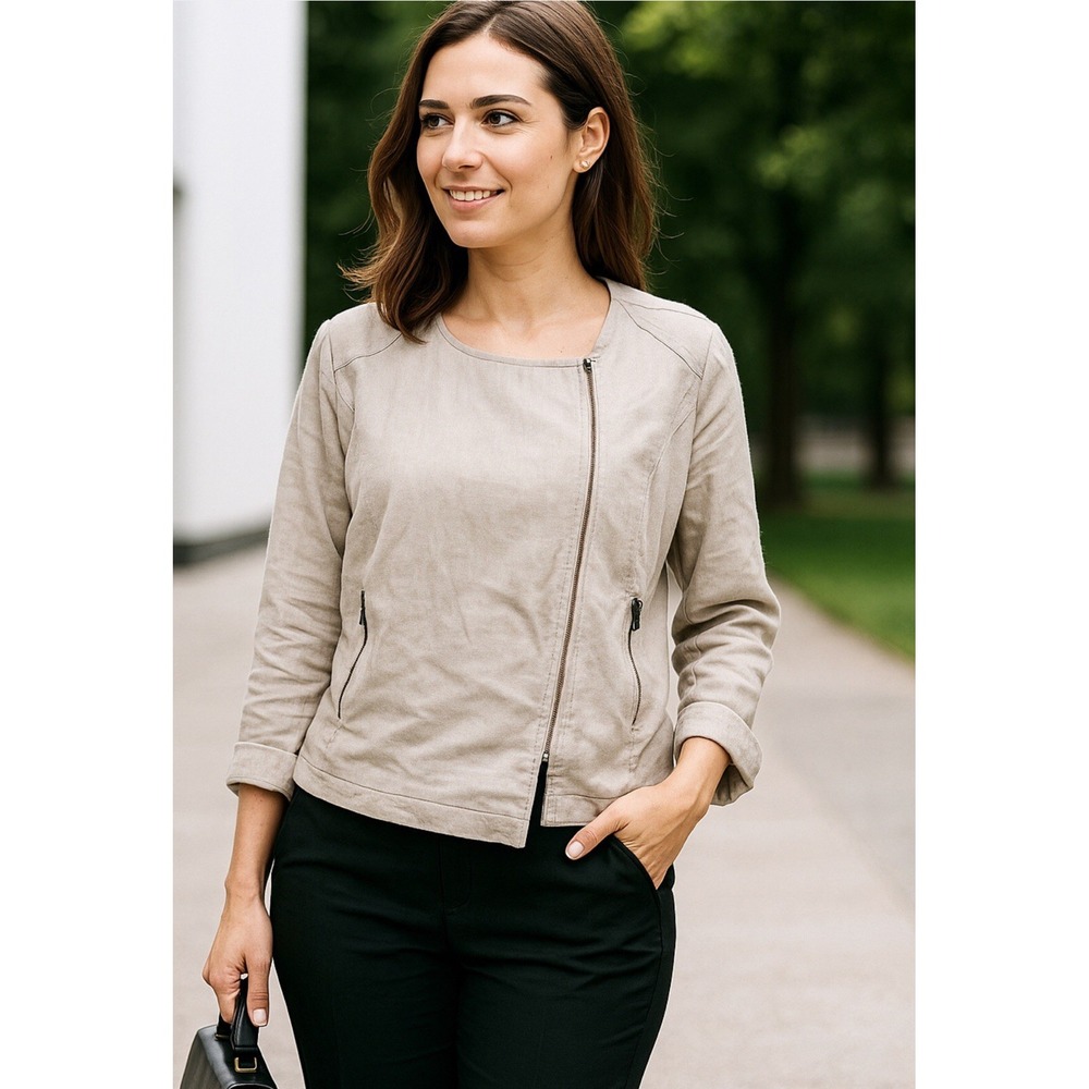 New Linen Zip Jacket Womens Size XL Beige‎ Pockets Blazer Linen